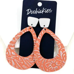 3 Metallic Embossed Hoops Western Earrings - Silver & Coral