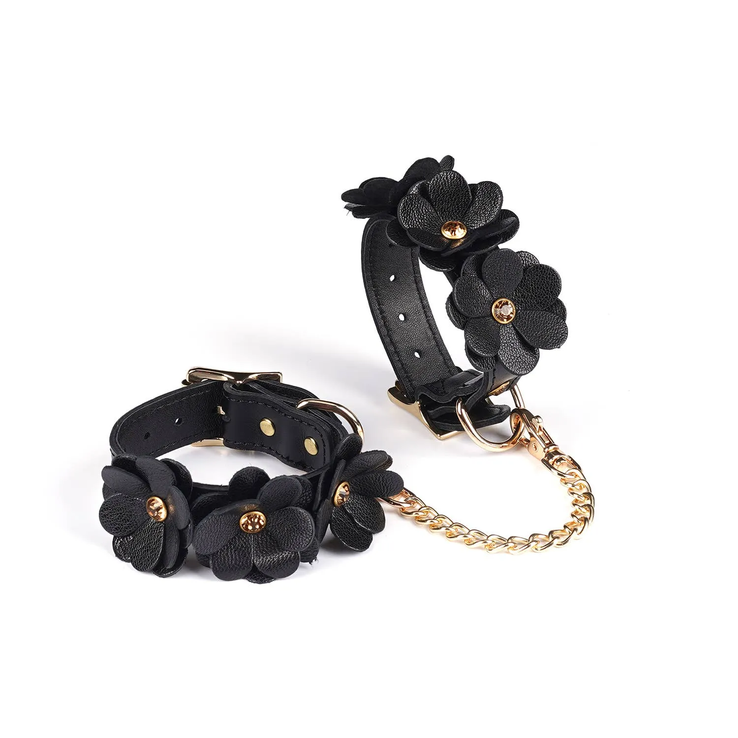 Black Leather Flowers Hand Cuffs