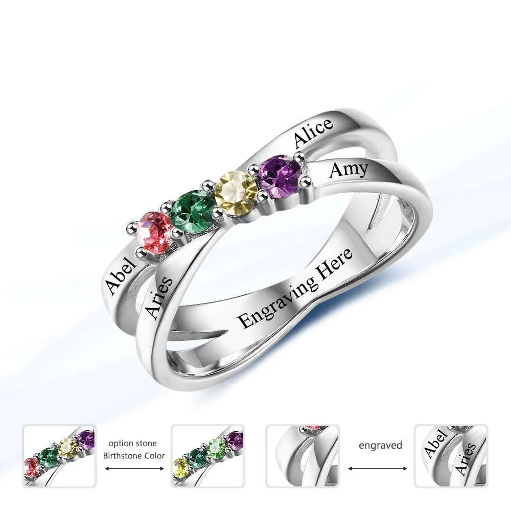 Sterling Silver Four Birthstone Engraved Ring