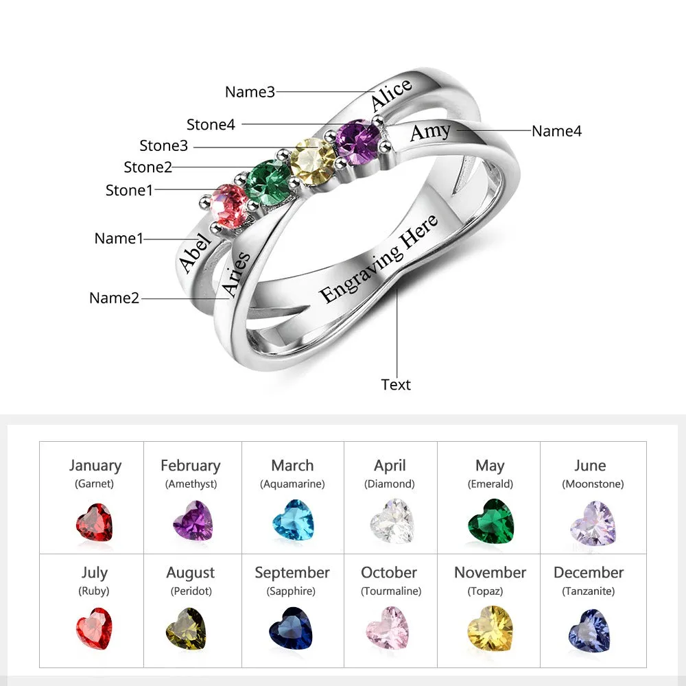 Sterling Silver Four Birthstone Engraved Ring